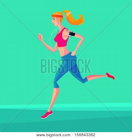 Sporty young woman jogger listening to music on smartphone. Runner with smartphone armband. Vector Illustrator.