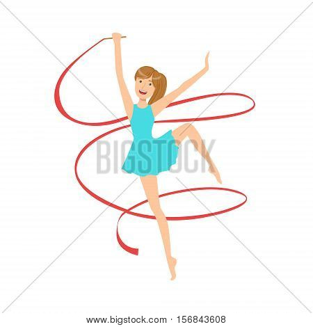 Professional Rhythmic Gymnastics Sportswoman In Blue Dress Performing An Element With Ribbon Apparatus. Female Competition Program Gymnast Performance Cartoon Vector Illustration.
