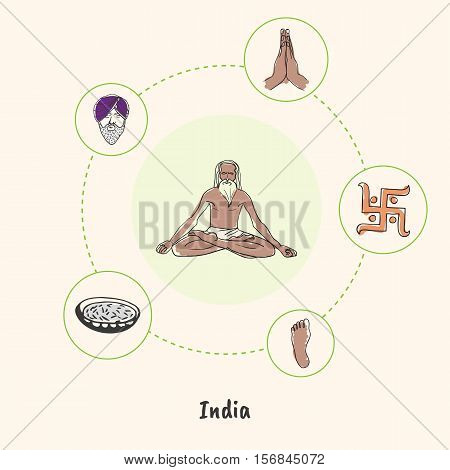 Attractive India. Old yogi colorized doodle surrounded swastika symbol, sikh in turban, Buddha foot, praying folded palms drawn vector icons. Indian cultural, religious symbols. Travel in Asia