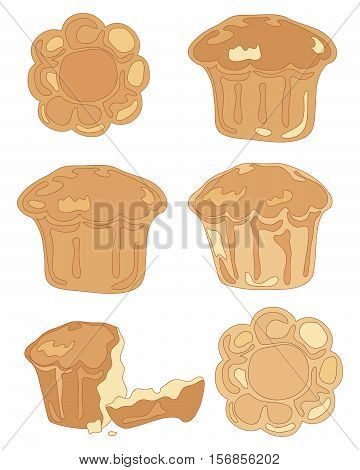 an illustration of different brioche pastries in top and side view and a broken bun on a white background