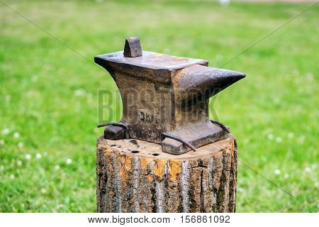 The old anvil is on the stump. Surrounded by a beautiful lawn, summer weather.