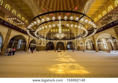 MANAMA, BAHRAIN - NOV 16, 2016: Interior view of the Al Fateh Grand Mosque featuring the Main Prayer Hall