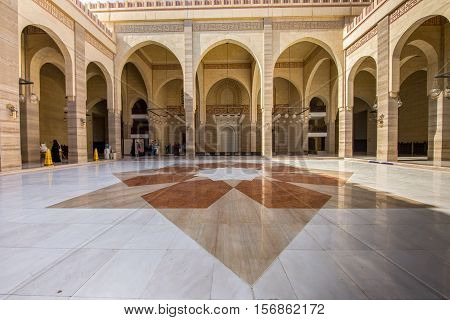 MANAMA, BAHRAIN - NOV 16, 2016: Interior view of the Al Fateh Grand Mosque featuring the courtyard