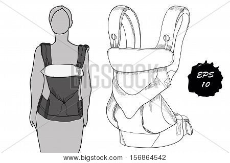 Vector illustration of mothers with children in a Ergo baby Carrier on white background. Doodle design.Template poster, scheme.