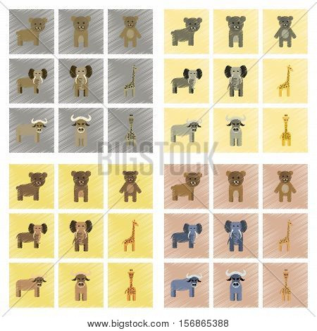 assembly flat shading style icons of giraffe bull bear elephant
