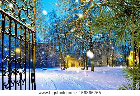 winter park with gateway by night in the snowfall