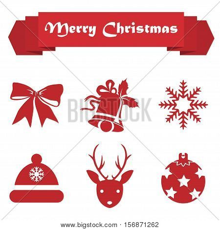 Set of Christmas icons on a white background with ribbon