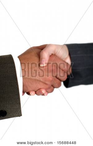 Man and woman shaking hands over a business deal