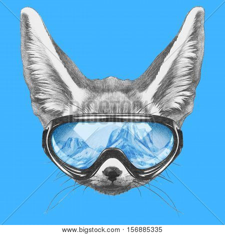 Portrait of Fennec Fox with ski goggles. Hand drawn illustration.