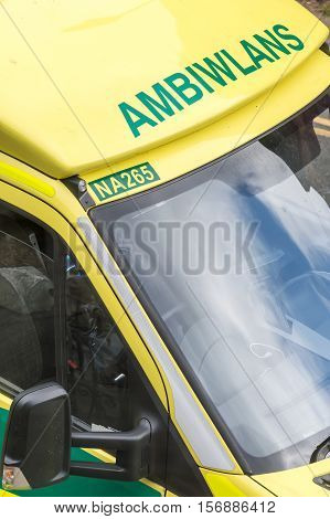 WREXHAM UK - AUGUST 30 2016: Detail of an empty cabin of a Welsh NHS emergency service ambulance.