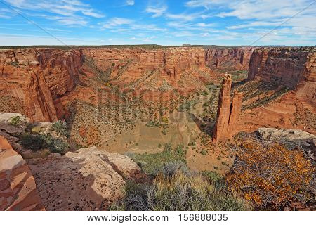 The red sandstone spire of Spider Rock at Canyon de Chelly National Monument in the Navajo Nation near Chinle Arizona