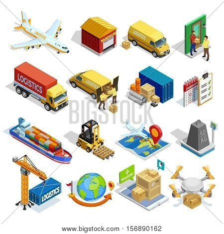Logistics isometric icons set of different transportation distribution vehicles and delivery elements isolated vector illustration
