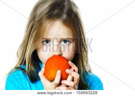 Little Girl Eating Date Plum, Closeup View
