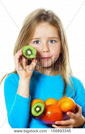 Cute Little Girl With Plate Of Fruits: Kiwi, Date Plum, Mandarins, Etc.
