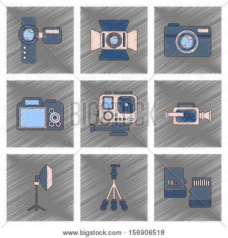 assembly flat shading style icon of multimedia technology camcorder photo camera professional lighting tripod micro SD
