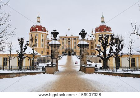 entrance of Moritzburg castle in winter time