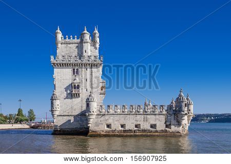 The famous Belem Tower in Lisbon, Portugal. Classified as UNESCO World Heritage it stands as the best example of the Manuelino art.