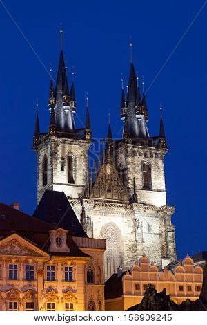 Kostel Panny Marie pred Tynem at night with illumination. Church of the Virgin Mary. Beautiful Old Town Square with the church in Romanesque - Gothic style.