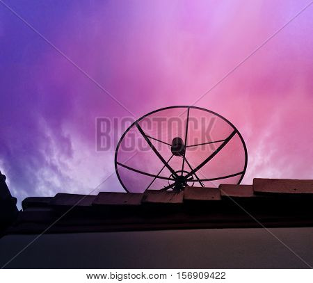 Silhouette satellite dish network with beautiful sky.Communication technology connectiing