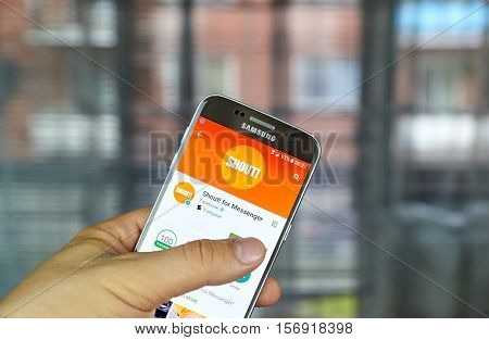 MONTREAL CANADA - JUNE 24 2016 : Facebook Shout app on Samsung S7 screen. The app designed to let users easily make their own version of annoying YouTube video blogger thumbnails.