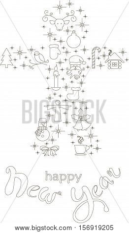 Typography banner with stylized black gingerbread and hand drawing lettering Happy New Year on white, stock vector illustration