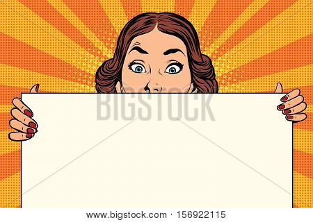 Surprised beautiful retro woman, long Billboard, pop art vector illustration