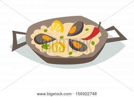 Paella with seafood vector illustration. Traditional spanish food. Spanish cuisine. Paella with mussels lemon red pepper and green peas. Isolated on white background cartoon style