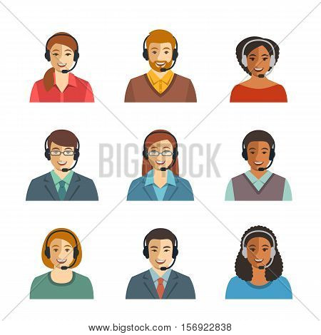Call center agents flat avatars. Live chat operators guys and girls smiling faces. Online customer support service assistants with headphones. Help desk Caucasian African Asian consultants
