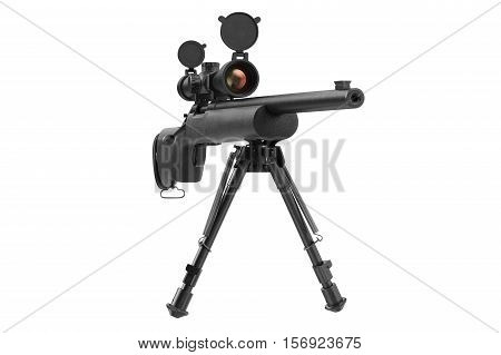 Rifle sniper aiming gun with optical scope, front view. 3D rendering