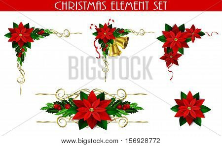 Christmas decoration set with evergreen treess holly and poinsettia isolated