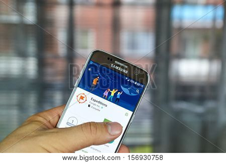 MONTREAL CANADA - JUNE 23 2016 : Google Expeditions app on Samsung S7 screen. The app is a virtual reality teaching tool that lets users lead or join immersive virtual trips all over the world