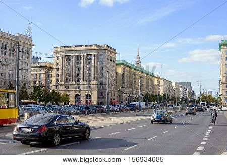 WARSAW POLAND - SEPTEMBER 26: General view on Marszalkowska and Plac Konstytucji streets in city center of Warsaw Poland on September 26 2016.