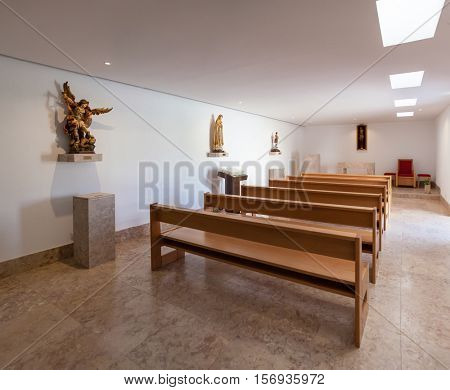 Lisbon, Portugal. October 31, 2016: Chapel of the Monumento aos Combatentes do Ultramar - Ultramar Combatants Monument, with a tomb containing a fallen unknown soldier in a Memorial room