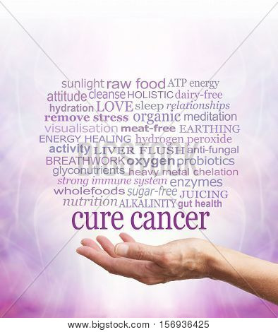 Words associated with holistic cancer cures -  a female hand facing up with the words CURE CANCER floating above with a relevant word cloud above on a pale purple background