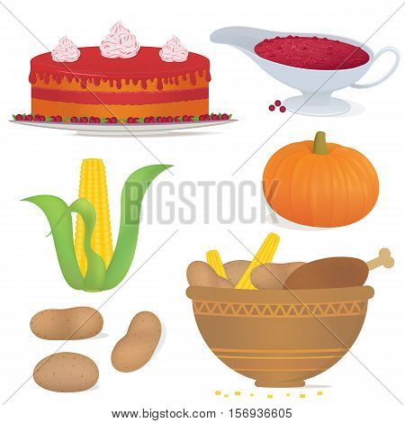 Vector illustration. Set of holiday food. Delicious food to the day of Thanksgiving