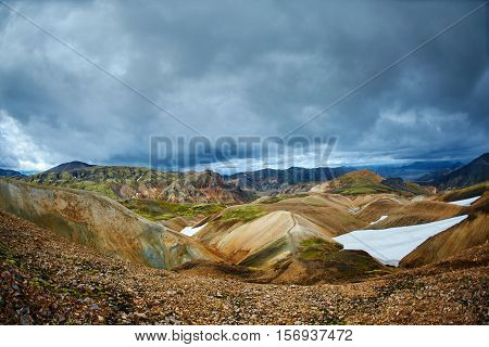 Valley National Park Landmannalaugar. On the gentle slopes of the mountains are snow fields and glaciers. Magnificent Iceland in the August