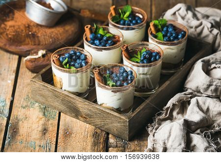 Homemade Tiramisu dessert in glasses with cinnamon, mint and fresh blueberry in wooden tray over rustic wooden background, selective focus, copy space, horizontal composition
