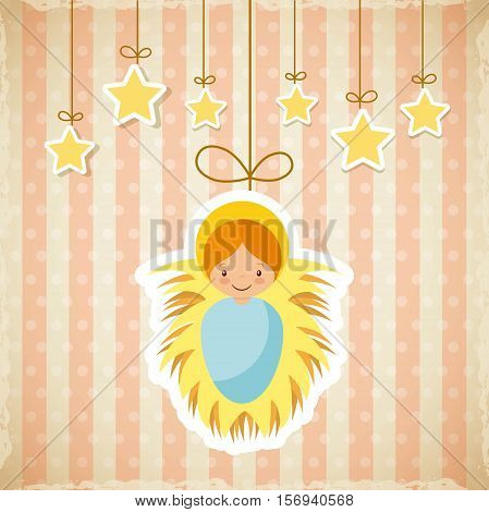 cartoon baby jesus icon with decorative stars hanging. merry christmas design. vector