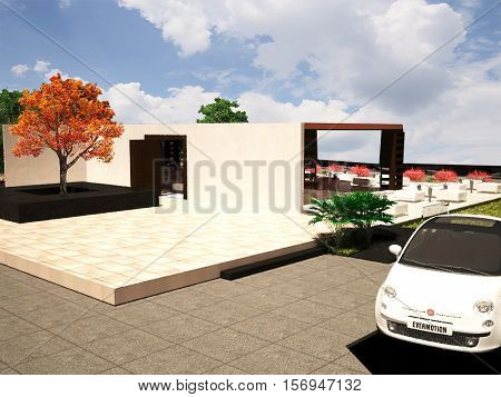 3D RENDER FRONTAL VIEW OF A OPEN SPACE
