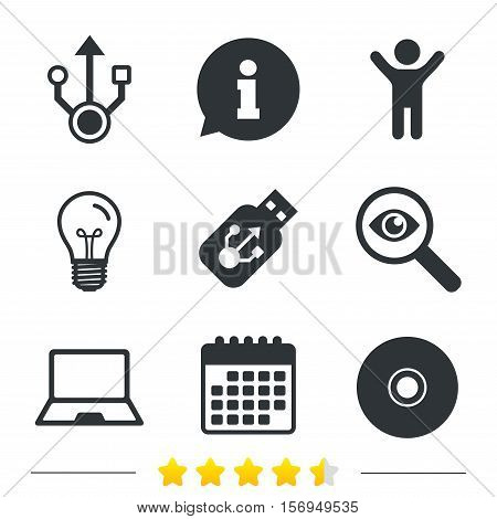 Usb flash drive icons. Notebook or Laptop pc symbols. CD or DVD sign. Compact disc. Information, light bulb and calendar icons. Investigate magnifier. Vector