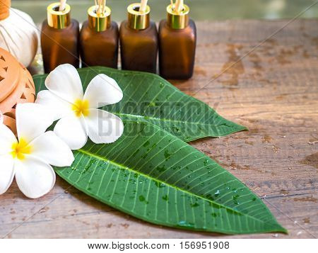 Spa massage compress balls herbal ball on the wooden with treaments spa Thailand select focus