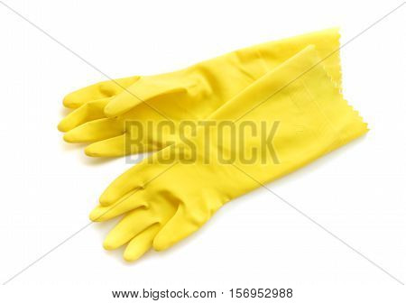 Yellow rubber gloves for cleaning on white background workhouse concept