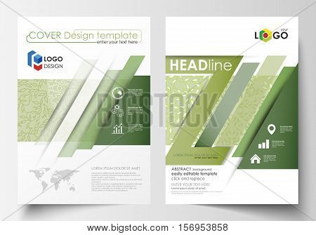 Business templates for brochure, magazine, flyer, booklet or annual report. Cover design template, easy editable vector, abstract flat layout in A4 size. Green color background with leaves. Spa concept in linear style. Vector decoration for cosmetics, bea