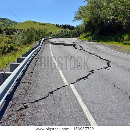 Kaikoura New Zealand - November 15 2016: Massive Cracks have appeared in The Hunderlee Hills on Highway One North Canterbury after the 7.5 Kaikoura Earthquake.