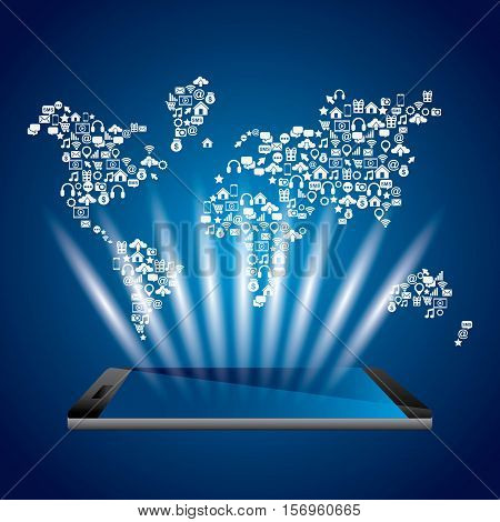 smartphone devie with world map over blue background. mobile world design. vector illustration
