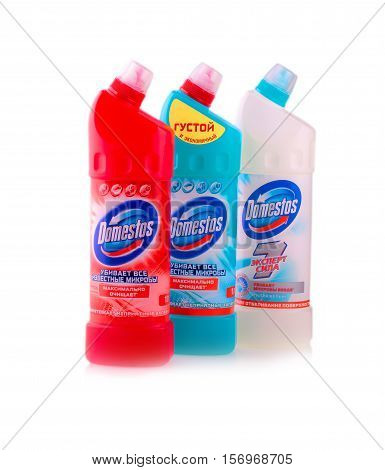 KAMCHATKA RUSSIA- OCTOBER 16 2016. Domestos isolated on white. Domestos is a household cleaning range which contains bleach and is manufactured by Unilever.