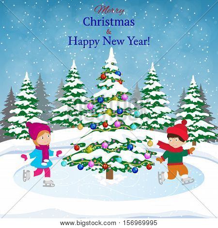 Happy new year and merry Christmas landscape card design with christmas tree. Winter scene with skating children. Children boy and girl on the winter ice-skating rink. vector illustration