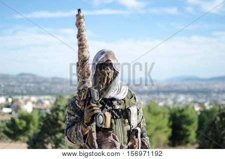 sniper rifle weapon on hand scope multicam ghillie suit