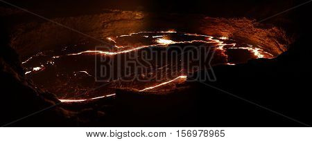 Panorama of Erta Ale volcano crater melting lava Danakil depression Ethiopia