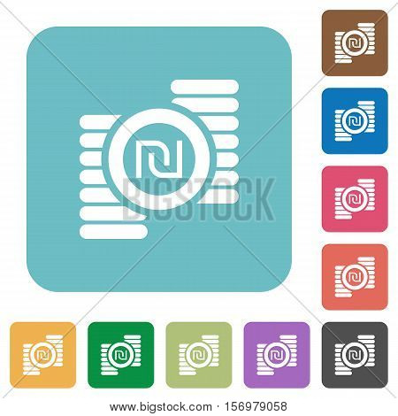 Israeli new Shekel coins white flat icons on color rounded square backgrounds